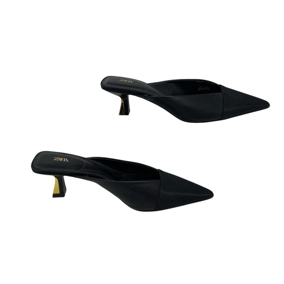 Zara Black Pointed Toe Mules EUR 38 Slip-On Gold Heel - read - Picture 2 of 3